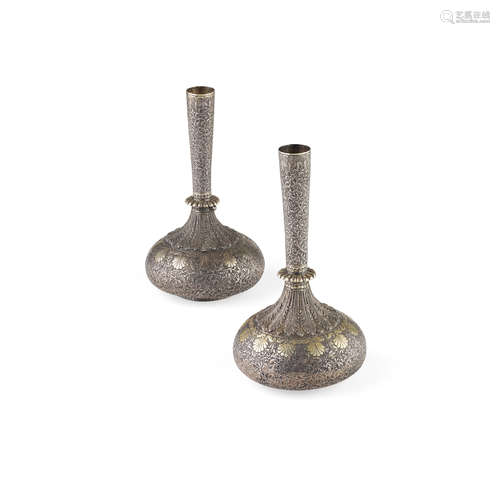 PAIR OF INDIAN WHITE METAL BOTTLE VASES