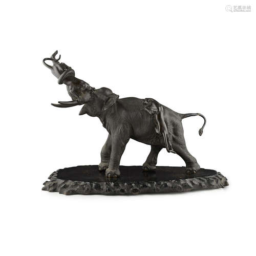 LARGE BRONZE OKIMONO OF TWO TIGERS ATTACKING AN ELEPHANT