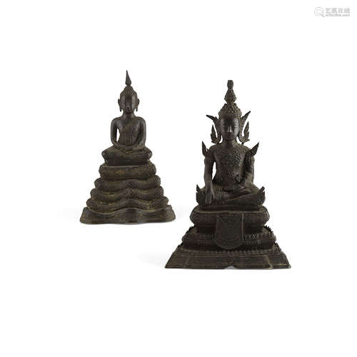 TWO THAI BRONZE SEATED FIGURES OF BUDDHA