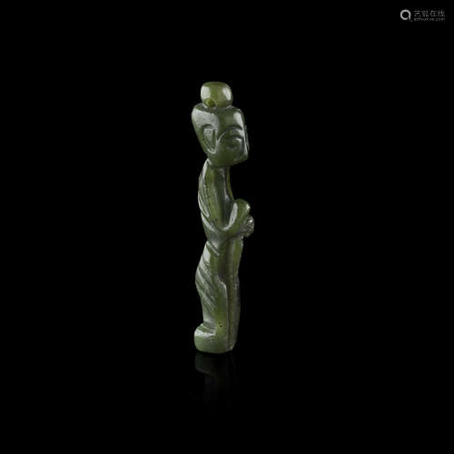 ARCHAISTIC SPINACH GREEN JADE PENDANT IN THE FORM OF A HUMAN FIGURE