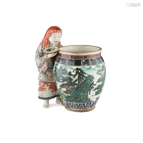 AO-KUTANI PORCELAIN OKIMONO DEPICTING SHOJO DRINKING SAKE