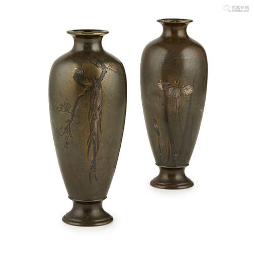 PAIR OF MIXED METAL INLAID BRONZE VASES