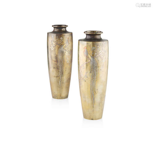 PAIR OF INLAID BRONZE 'COCKEREL' VASES