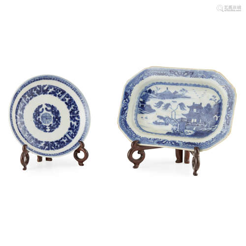 TWO BLUE AND WHITE DISHES