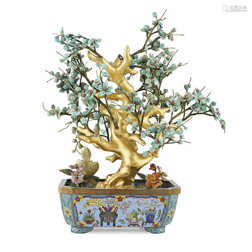 HARDSTONE TREE IN A CLOISONNÉ ENAMEL JARDINIÈRE