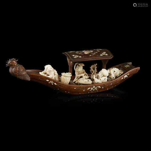 Y SHIBAYAMA INLAID IVORY AND WOOD OKIMONO OF A TREASURE BOAT, TAKARABUNE