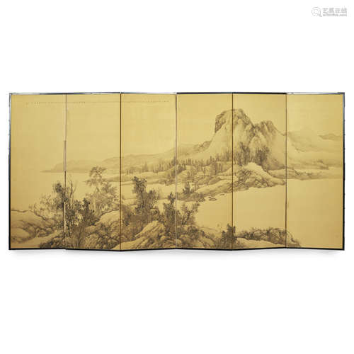 PAINTED SILK SIX-PANEL FLOOR SCREEN