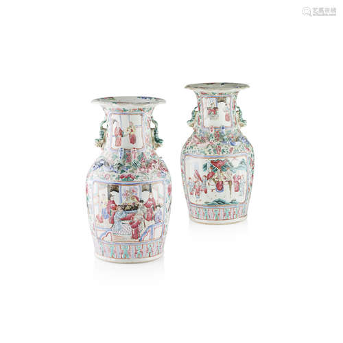 PAIR OF CANTON FAMILLE ROSE VASES