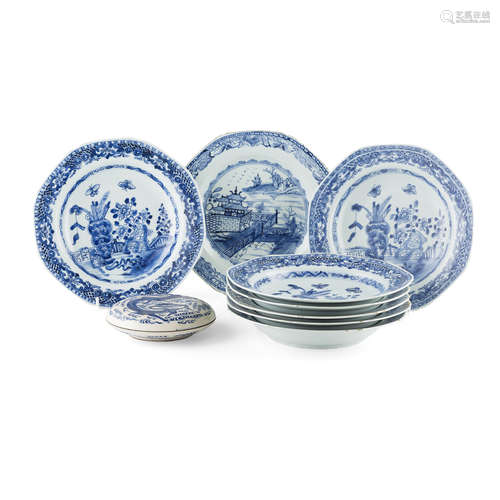 COLLECTION OF EIGHT BLUE AND WHITE DISHES