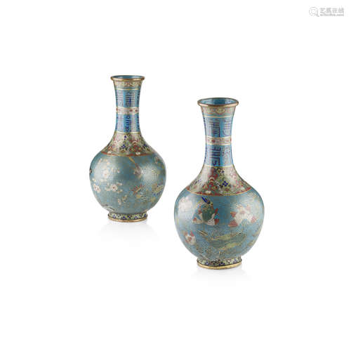 PAIR OF CLOISONNÉ ENAMEL BOTTLE VASES (2)