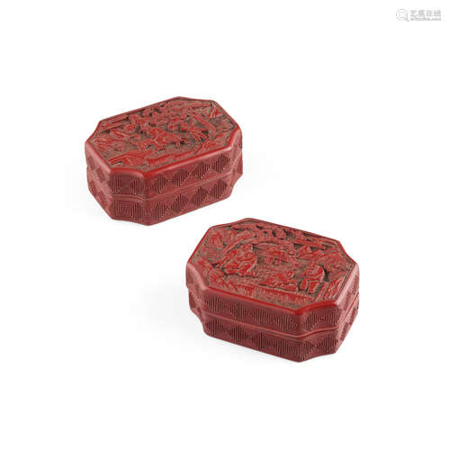 PAIR OF CINNABAR LACQUER COVERED BOXES