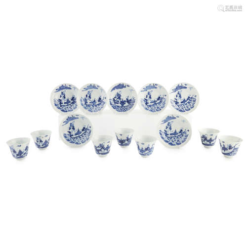 SET OF SEVEN BLUE AND WHITE CUPS AND SAUCERS