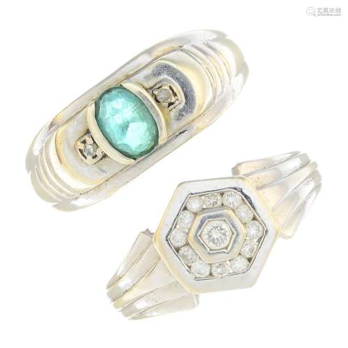 (63976) Two 9ct gold diamond and emerald rings.