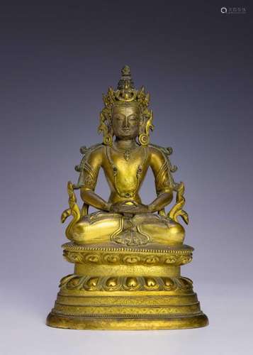 Gilt Bronze Buddha on Double Lotus Base, 18th C.