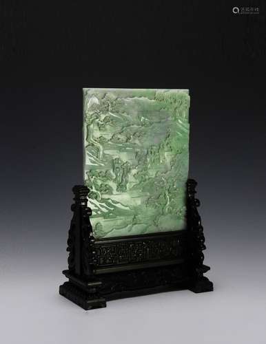 Chinese Jadeite Landscape Screen w/stand, 19th C.