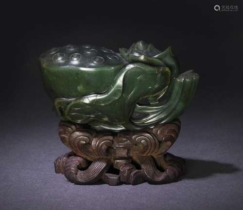 Chinese Green Jade Lotus with Wooden Base, 18th C.