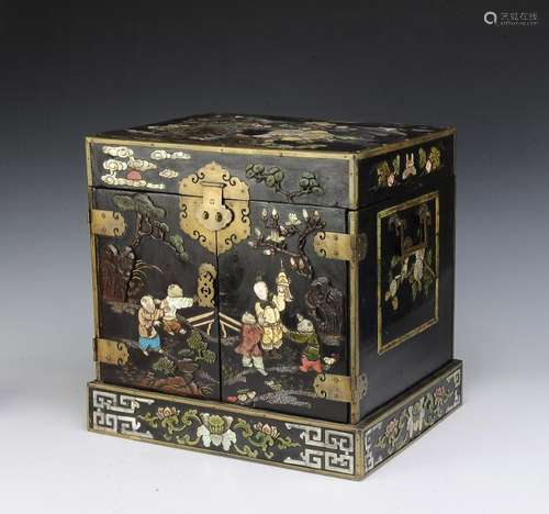 Chinese Stone Inlaid Lacquer Chest, 17th-18th C.