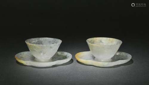 Pair of Chinese Jadeite Cups w/ Saucers, 19th C.