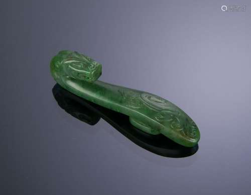 Chinese Spinach Green Jade Dragon Hook, 18th C.