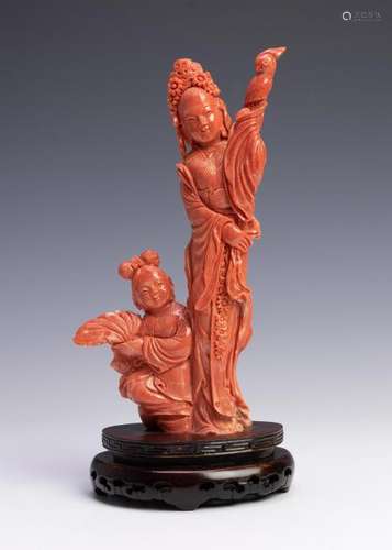 Chinese Coral Carving of Lady w/ Parrot, Late 19 C