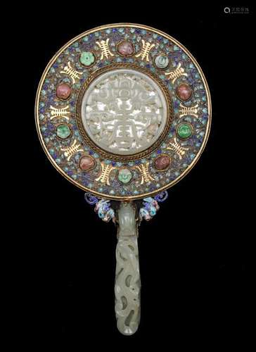 Chinese Enameled Hand Mirror w/ Jades, 18-19th C.