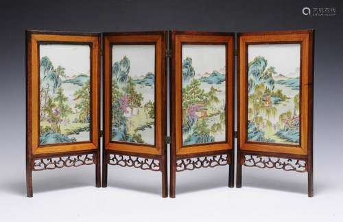 Table Screen w/ 4 Porcelain Landscape Plaques