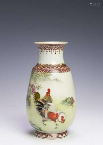 Famille Rose Vase w/ Roosters, Republic Period