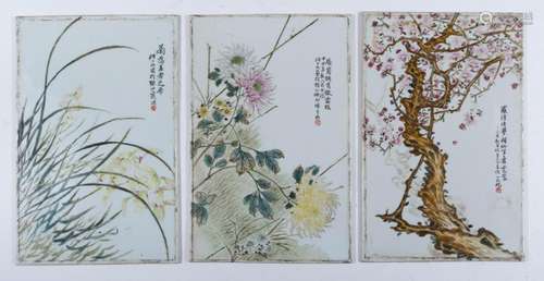 Set of 3 Chinese Porcelain Flower Plaques