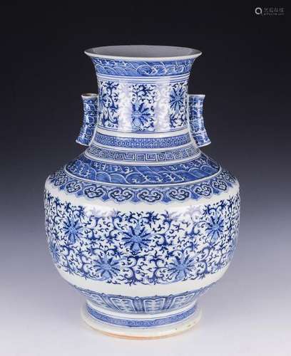 Large Chinese Blue & White Vase w/Handles, 19th C.