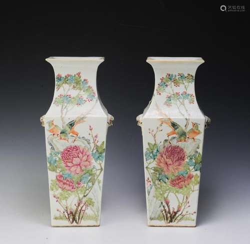 Pair of Square Famille Rose Vases, Late 19th C.