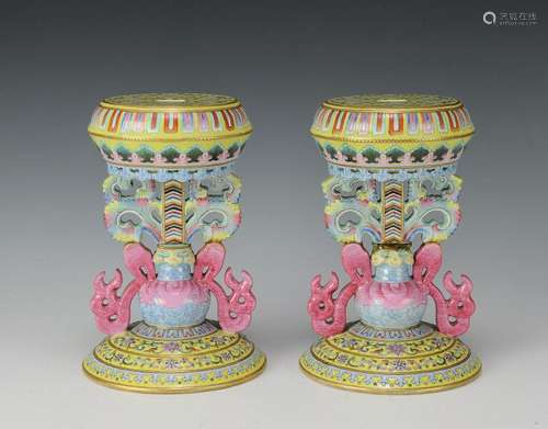 Pair of Imperial Famille Rose Lotus Stand, Jiaqing