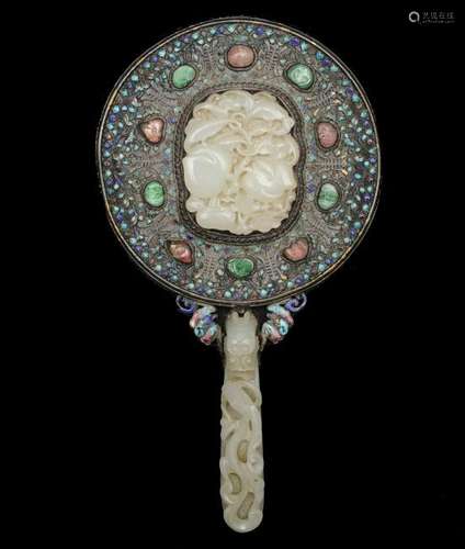 Chinese Enameled Hand Mirror w/ Jades, 18-19th C.