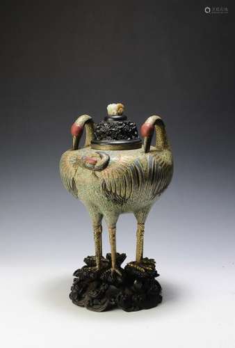 Cloisonne 3 Crane Censer w/ Zitan Stand, 18th C.