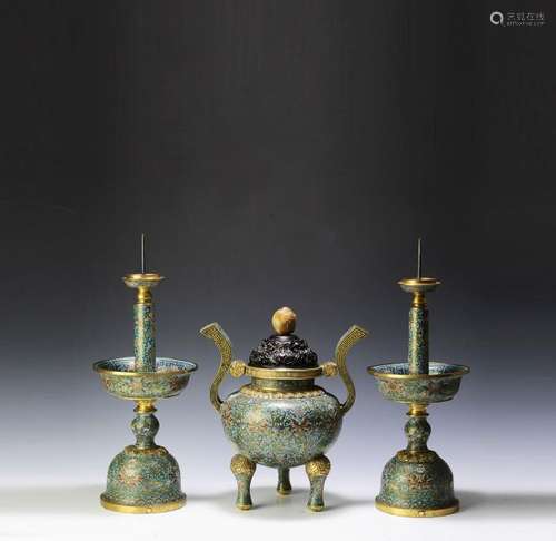 Set of 3 Chinese Cloisonne Altar Pieces, Qianlong