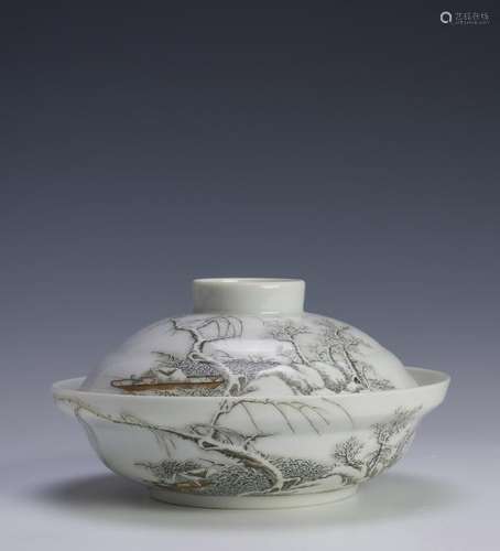 Snowy Scene Porcelain Lidded Bowl, He Xuren