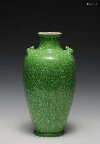 Chinese Green Glazed Vase w/ Bat Handles, 20th C.