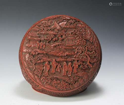 Cinnabar Lidded Box w/ Landscape, 18th - 19th C.