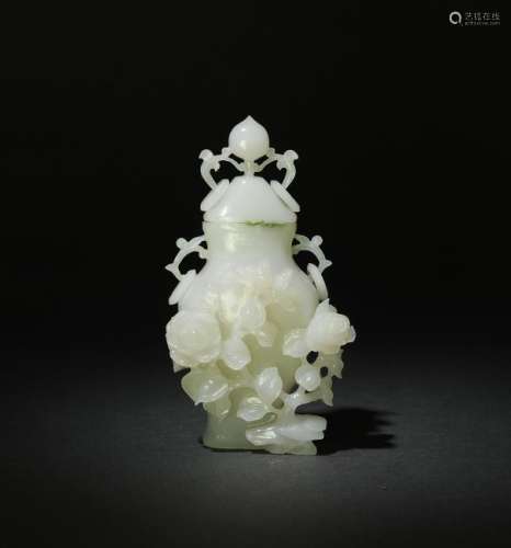 White Jade Lidded Flower Vase, Early 20th C.