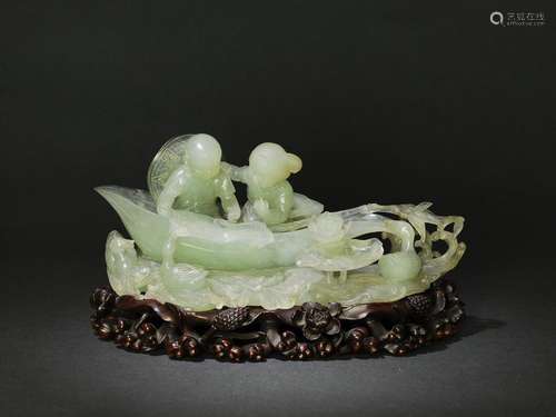 Jade Carved Children Statue w/ Stand Cultural Rev.