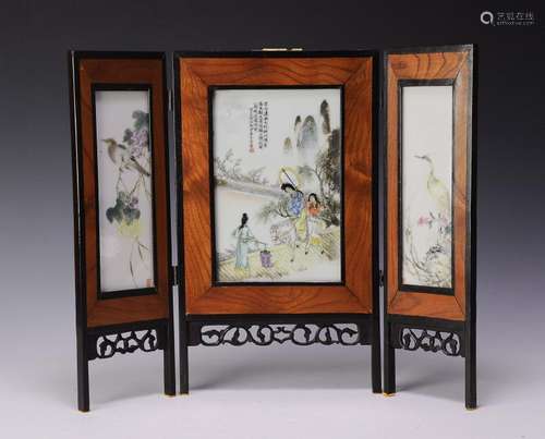 Chinese Table Screen w/ 3 Porcelain Plaques