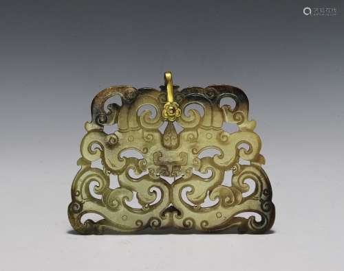 Jade Chilong Plaque with Imperial Bronze Hook,Ming