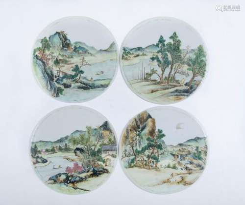 (4) Round Famille Rose Porcelain Plaques, 19th C.