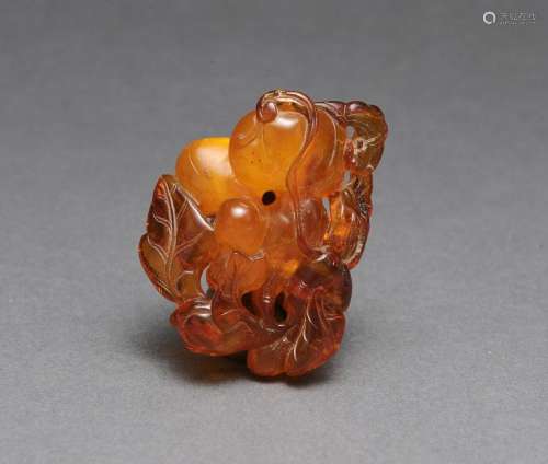 Chinese Amber Carving w/ Hulus & Bat, 19th C.