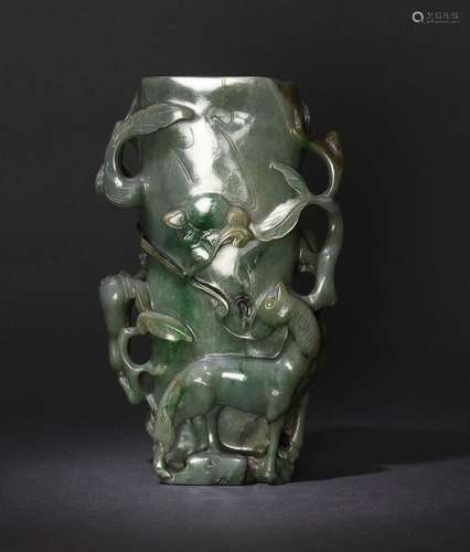 Chinese Jadeite Carved Flower Vase, 19th Century