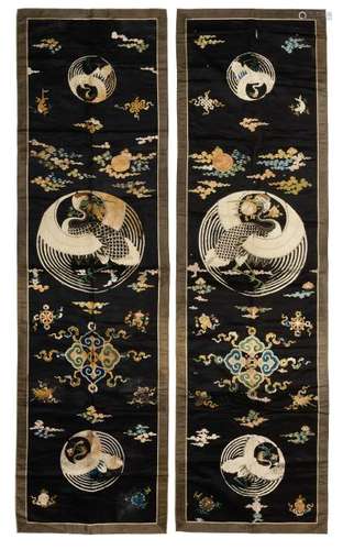 Pair of Chinese Silk Panels w/ Cranes, 18th C.