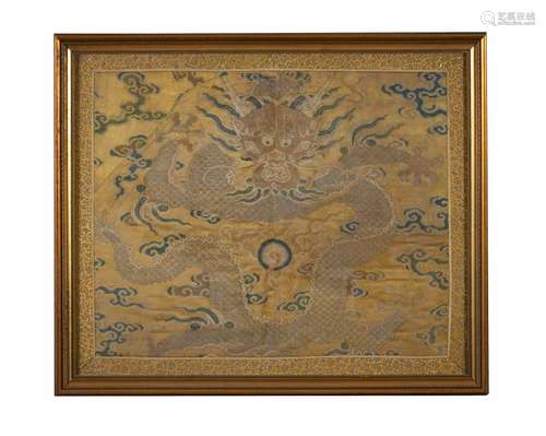 Framed Chinese Silk Dragon Panel, 18th C.