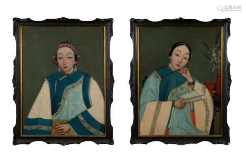 Pair of Export Oil Paintings of Ladies, 19th C.