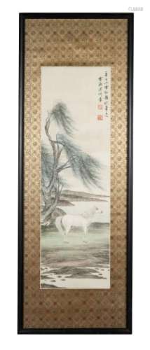 Framed Painting of a Horse by Pu Jin