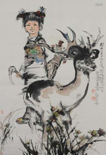 Painting of Girl with Deer by Cheng Shifa