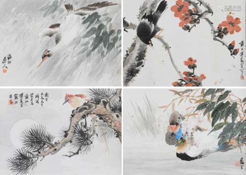 Set of 4 Bird & Flower Paintings, Fu Souyi